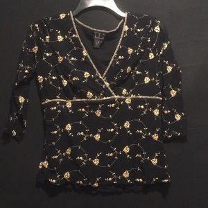 Vintage Medium Black V-neck shirt with gold flowers